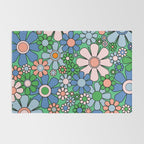Retro Garden Flowers 60s 70s Floral Pattern in Bright Green Blue Pink Rug Gallery Image 2
