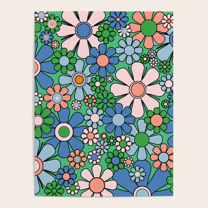 Retro Garden Flowers 60s 70s Floral Pattern in Bright Green Blue Pink Poster Gallery Image 4