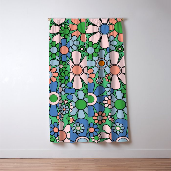 Retro Garden Flowers 60s 70s Floral Pattern in Bright Green Blue Pink Window Curtain Gallery Image 3