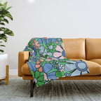 Retro Garden Flowers 60s 70s Floral Pattern in Bright Green Blue Pink Throw Blanket Gallery Image 1