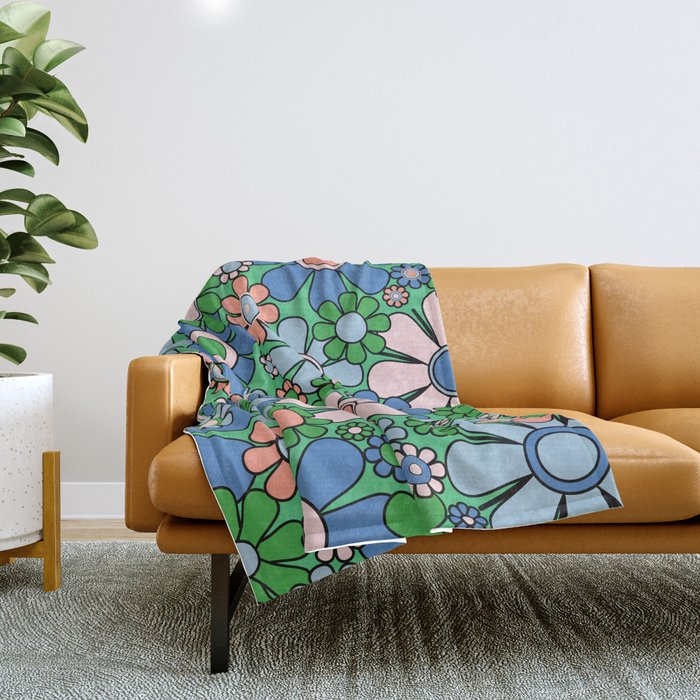 Retro Garden Flowers 60s 70s Floral Pattern in Bright Green Blue Pink Throw Blanket Gallery Image 1