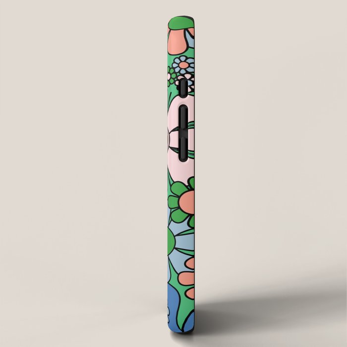 Retro Garden Flowers 60s 70s Floral Pattern in Bright Green Blue Pink iPhone Case Gallery Image 2