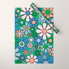 Retro Garden Flowers 60s 70s Floral Pattern in Bright Green Blue Pink Wrapping Paper Gallery Image 1