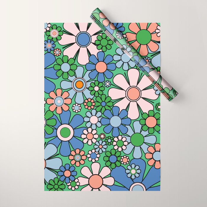Retro Garden Flowers 60s 70s Floral Pattern in Bright Green Blue Pink Wrapping Paper Gallery Image 1