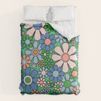 Retro Garden Flowers 60s 70s Floral Pattern in Bright Green Blue Pink Comforter Gallery Image 6