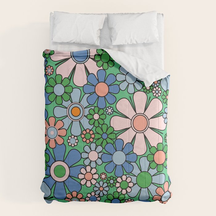 Retro Garden Flowers 60s 70s Floral Pattern in Bright Green Blue Pink Comforter Gallery Image 6
