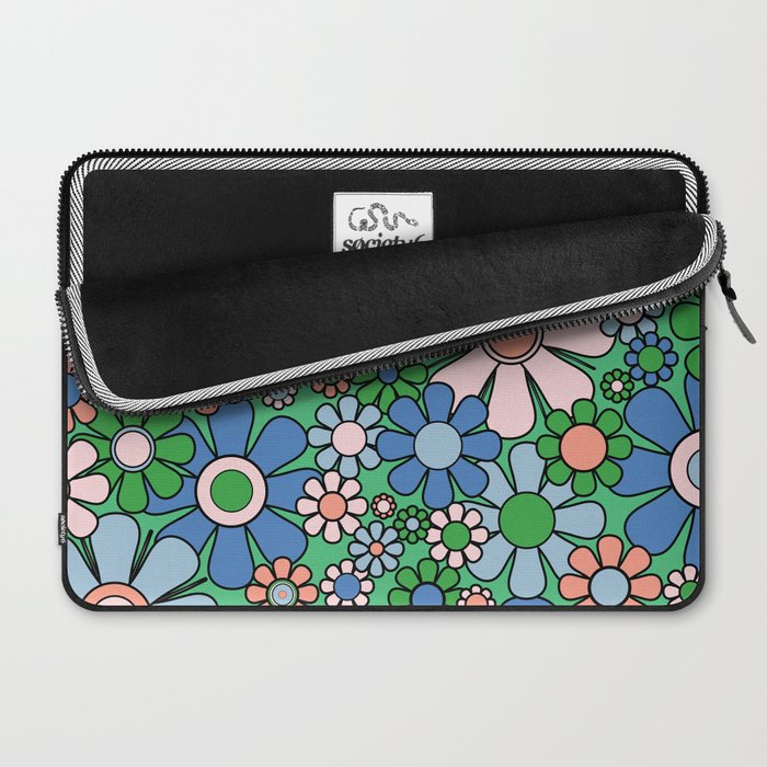 Retro Garden Flowers 60s 70s Floral Pattern in Bright Green Blue Pink Laptop Sleeve Gallery Image 2