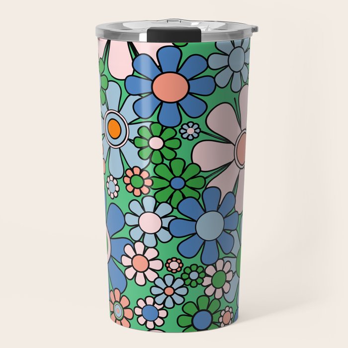 Retro Garden Flowers 60s 70s Floral Pattern in Bright Green Blue Pink Travel Mug Gallery Image 1