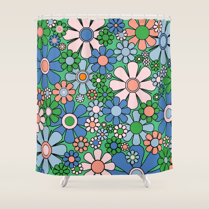 Retro Garden Flowers 60s 70s Floral Pattern in Bright Green Blue Pink Shower Curtain Gallery Image 1