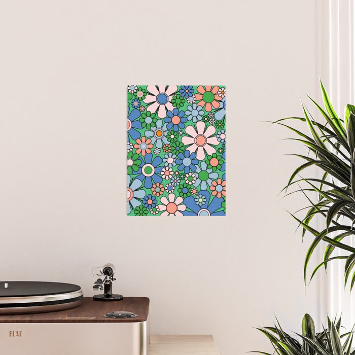 Retro Garden Flowers 60s 70s Floral Pattern in Bright Green Blue Pink Poster Gallery Image 2