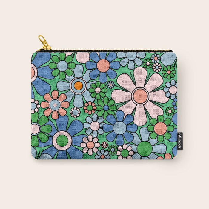 Retro Garden Flowers 60s 70s Floral Pattern in Bright Green Blue Pink Carry All Pouch Gallery Image 1
