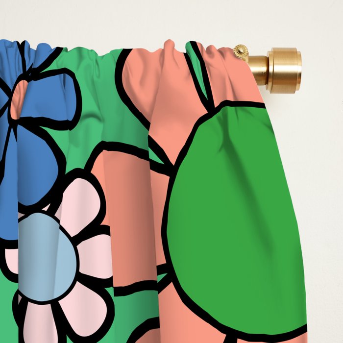 Retro Garden Flowers 60s 70s Floral Pattern in Bright Green Blue Pink Window Curtain Gallery Image 2