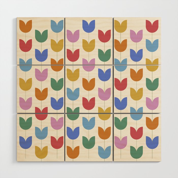 Spring Tulips IX Bright Rainbow Mid Century Flowers Wood Wall Art Gallery Image 1