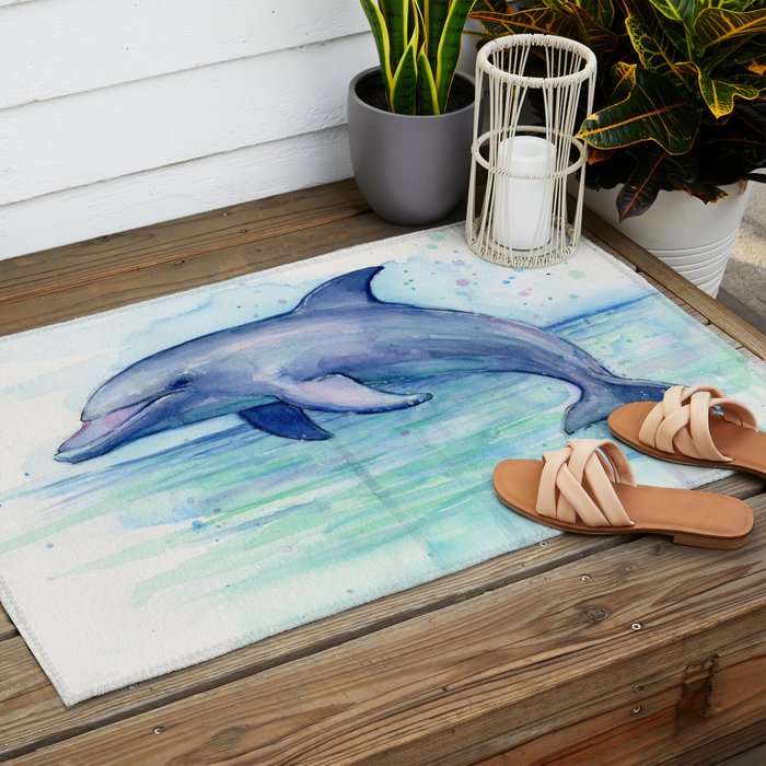 Dolphin Watercolor Sea Creature Animal Outdoor Rug Gallery Image 2