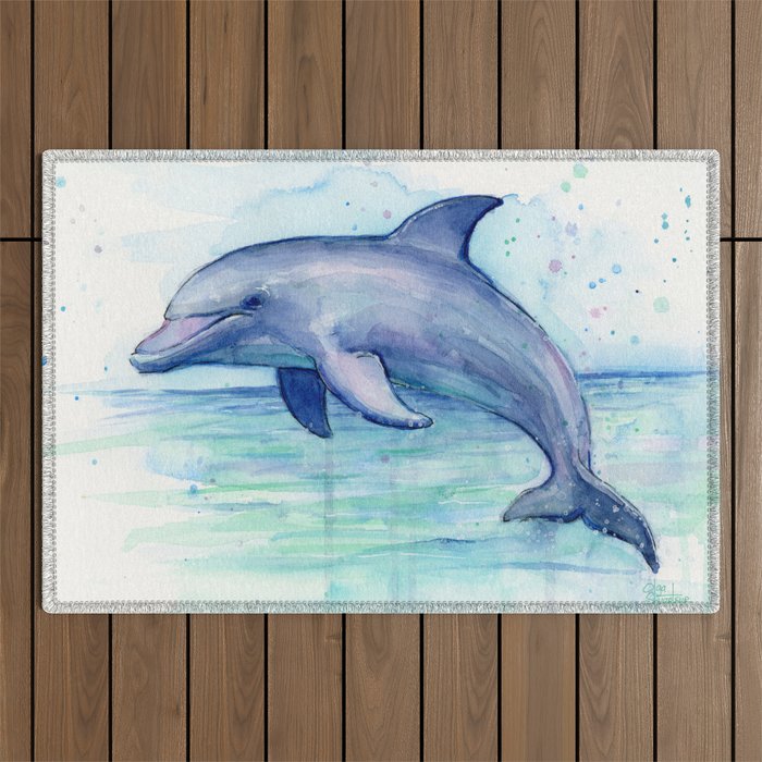 Dolphin Watercolor Sea Creature Animal Outdoor Rug Gallery Image 1
