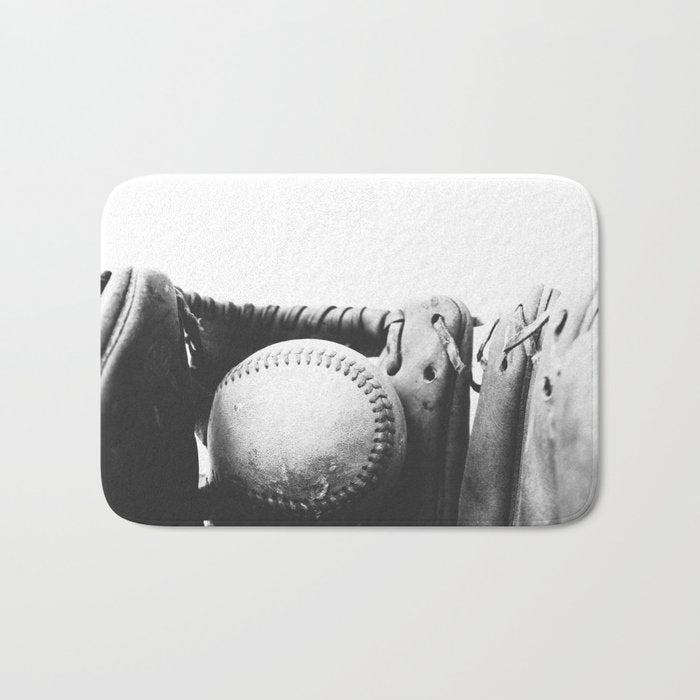 Old retro baseball monochrome ball and glove Bath Mat Gallery Image 1