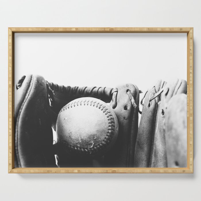 Old retro baseball monochrome ball and glove Serving Tray Gallery Image 1