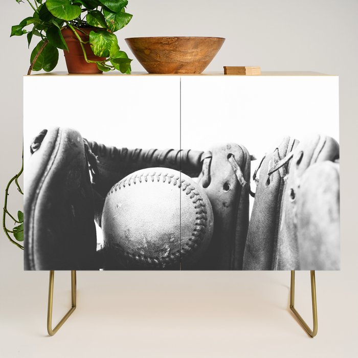 Old retro baseball monochrome ball and glove Credenza Gallery Image 1