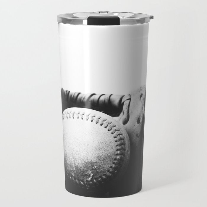 Old retro baseball monochrome ball and glove Travel Mug Gallery Image 1