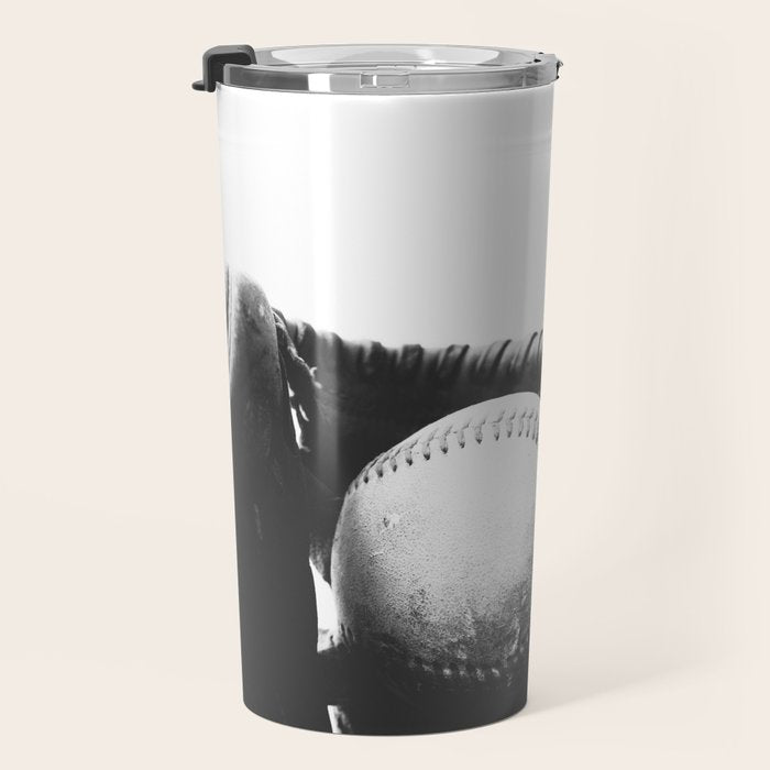 Old retro baseball monochrome ball and glove Travel Mug Gallery Image 3