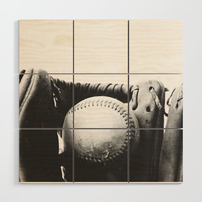 Old retro baseball monochrome ball and glove Wood Wall Art Gallery Image 1