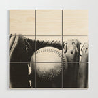 Old retro baseball monochrome ball and glove Wood Wall Art Gallery Image 1