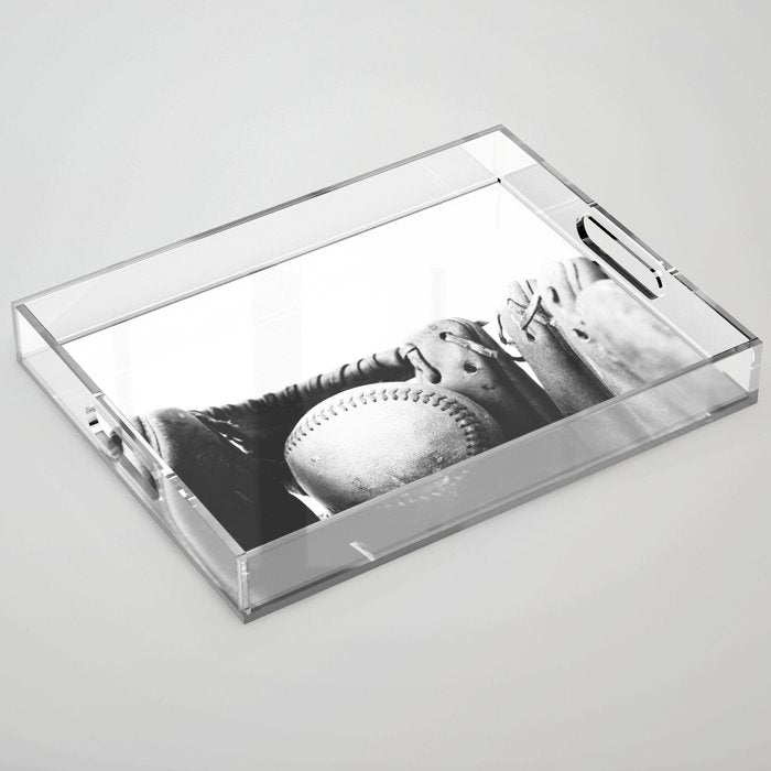 Old retro baseball monochrome ball and glove Acrylic Tray Gallery Image 1