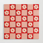 Retro Daisy Flower Checker in Red Wood Wall Art Gallery Image 1