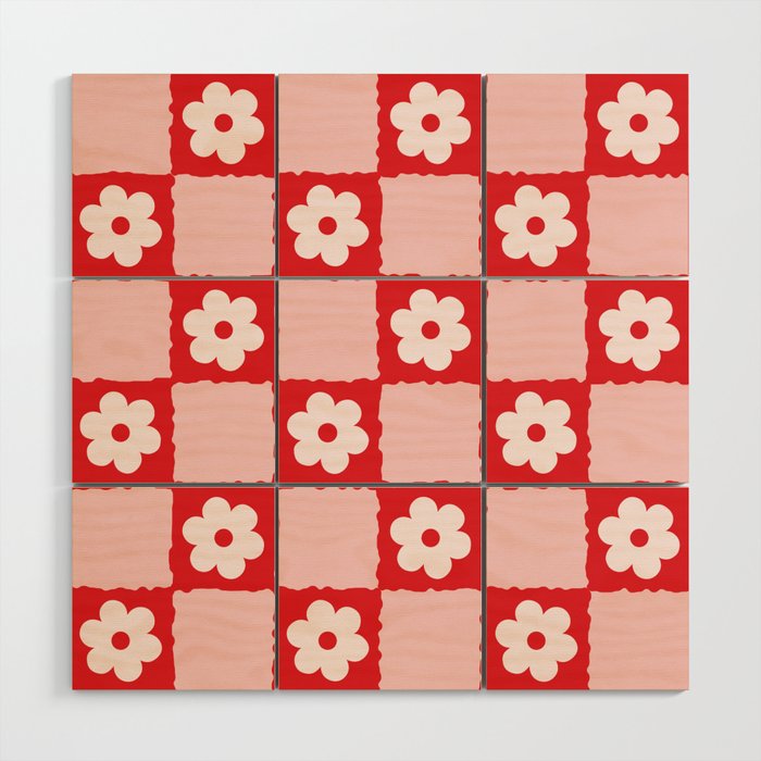 Retro Daisy Flower Checker in Red Wood Wall Art Gallery Image 1