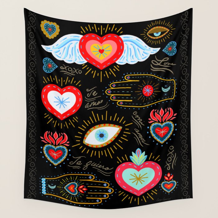 Milagro Love Hearts - Black Wall Tapestry Gallery Image 4