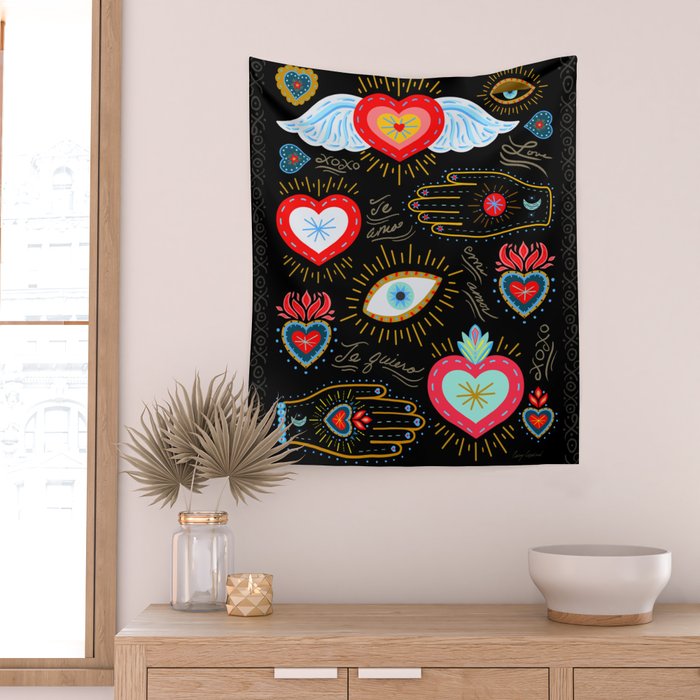 Milagro Love Hearts - Black Wall Tapestry Gallery Image 2
