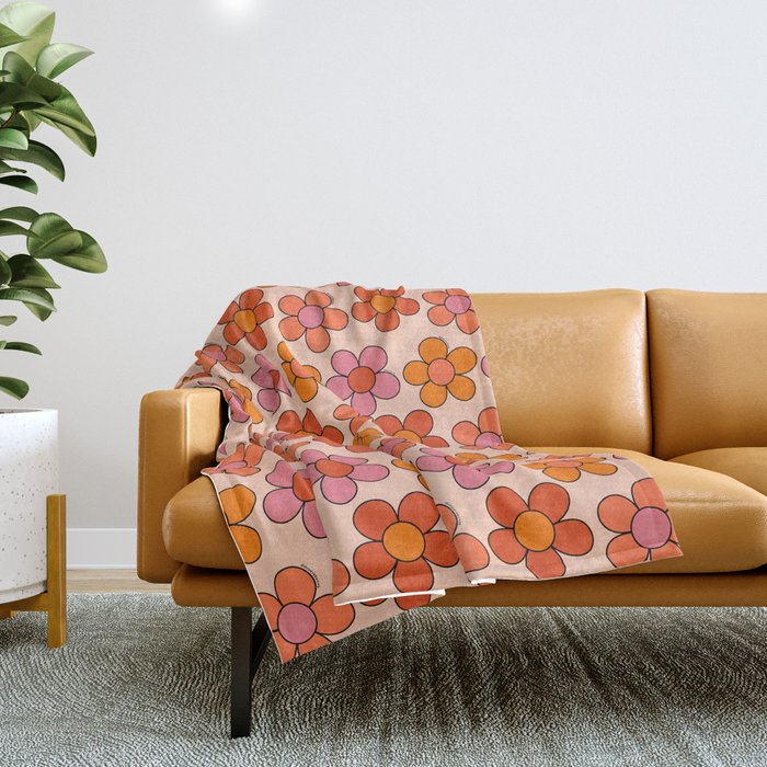 Groovy Flowers Print in Pink Throw Blanket Gallery Image 1