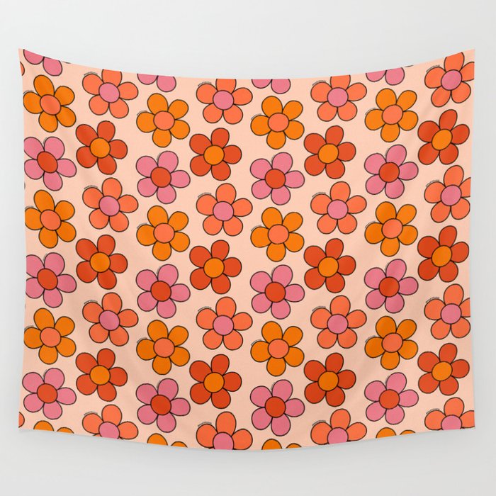 Groovy Flowers Print in Pink Wall Tapestry Gallery Image 1