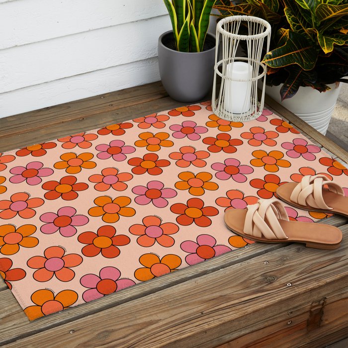 Groovy Flowers Print in Pink Outdoor Rug Gallery Image 2