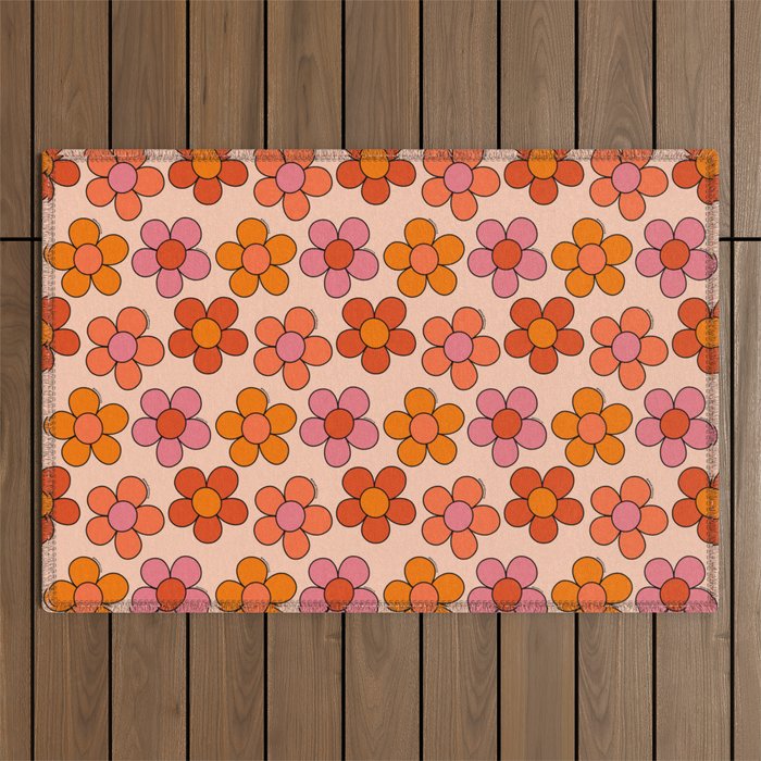 Groovy Flowers Print in Pink Outdoor Rug Gallery Image 1