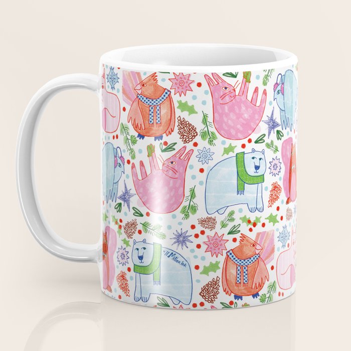 Winter Forest Woodland Animals in Pink & Blue Coffee Mug Gallery Image 3