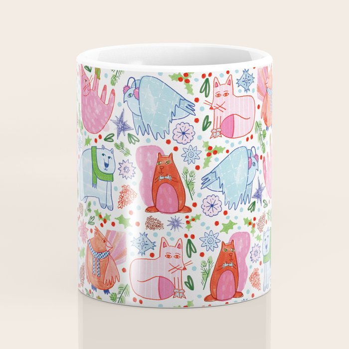 Winter Forest Woodland Animals in Pink & Blue Coffee Mug Gallery Image 4