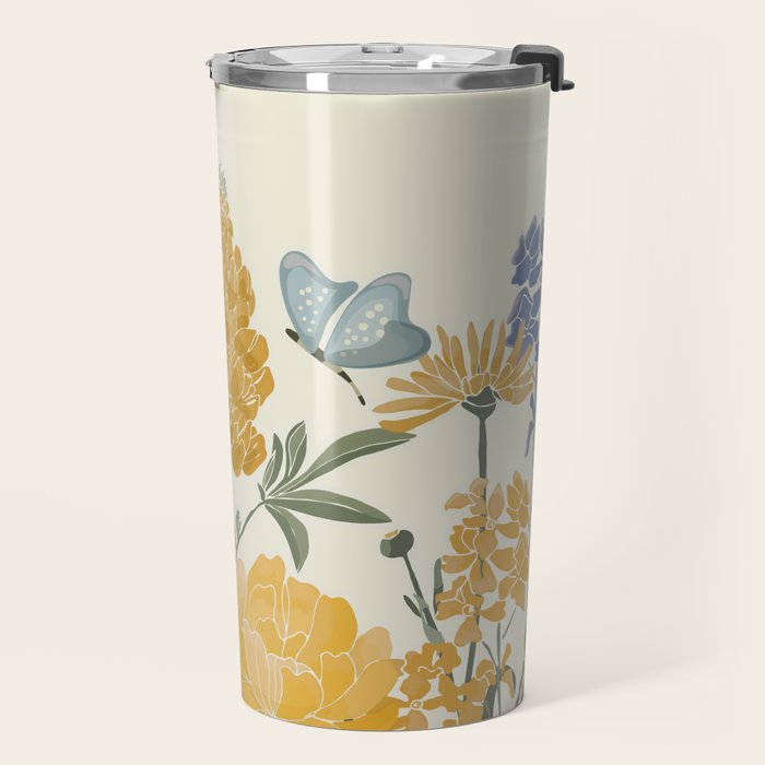 Wildflowers and Butterflies, Floral Prints, Yellow and Blue Travel Mug Gallery Image 2
