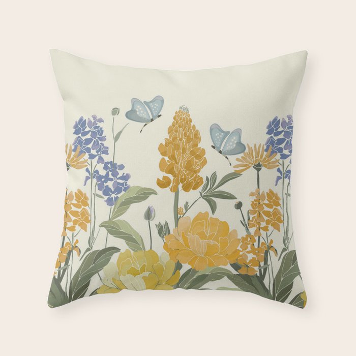 Wildflowers and Butterflies, Floral Prints, Yellow and Blue Throw Pillow Gallery Image 1