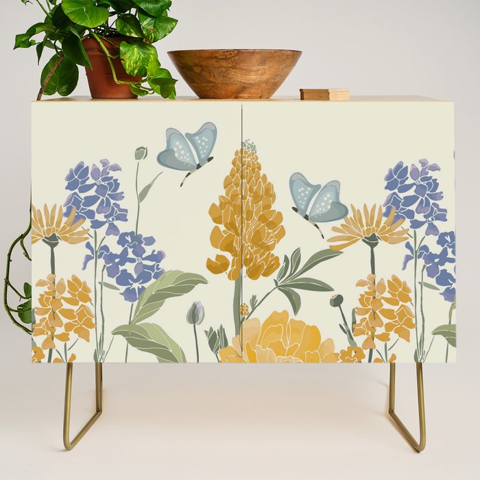 Wildflowers and Butterflies, Floral Prints, Yellow and Blue Credenza Gallery Image 1