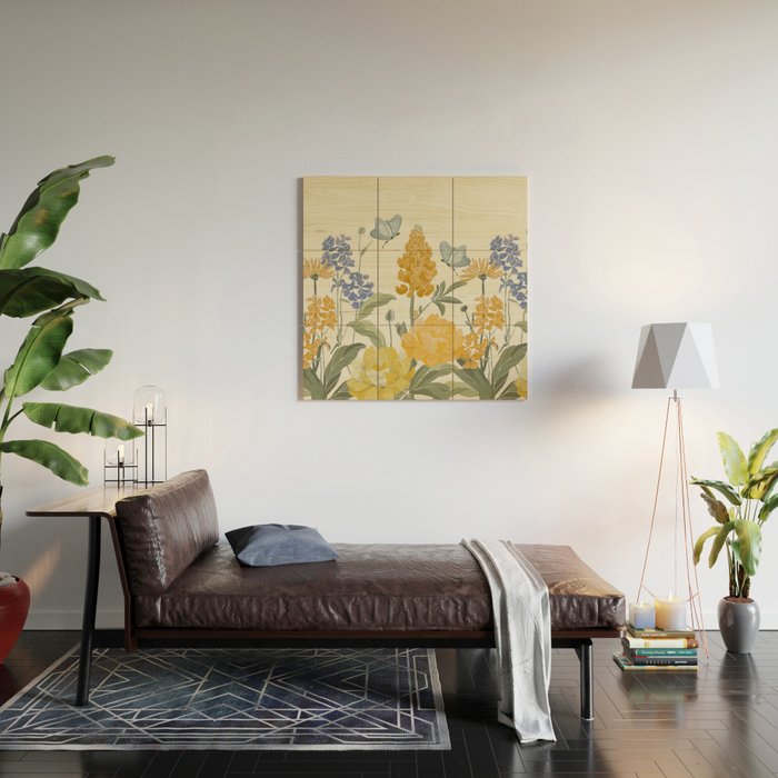 Wildflowers and Butterflies, Floral Prints, Yellow and Blue Wood Wall Art Gallery Image 2