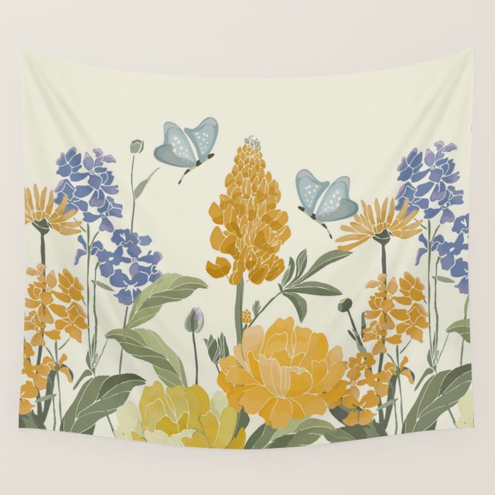 Wildflowers and Butterflies, Floral Prints, Yellow and Blue Wall Tapestry Gallery Image 4