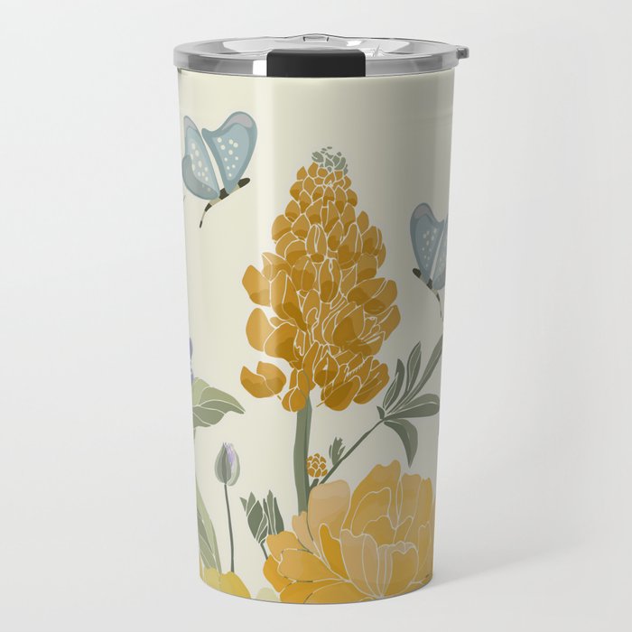 Wildflowers and Butterflies, Floral Prints, Yellow and Blue Travel Mug Gallery Image 1