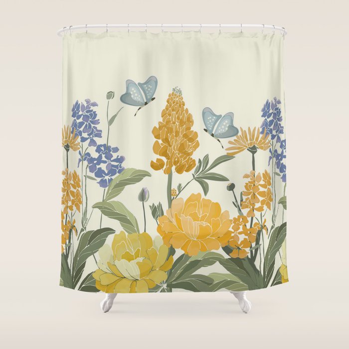 Wildflowers and Butterflies, Floral Prints, Yellow and Blue Shower Curtain Gallery Image 1