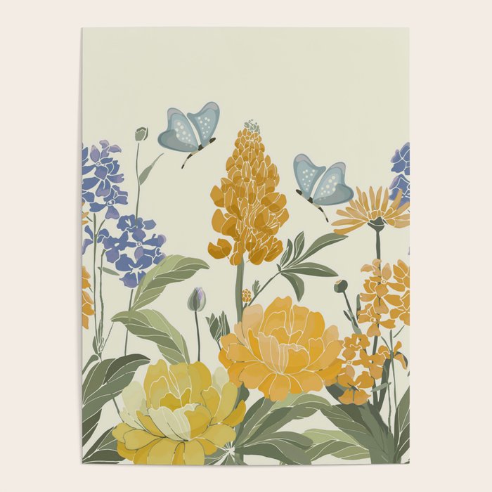 Wildflowers and Butterflies, Floral Prints, Yellow and Blue Poster Gallery Image 4