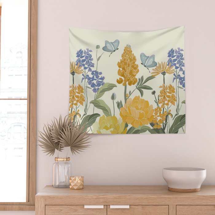 Wildflowers and Butterflies, Floral Prints, Yellow and Blue Wall Tapestry Gallery Image 2