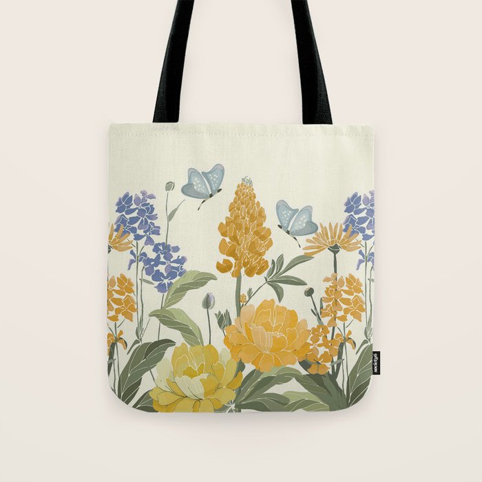 Wildflowers and Butterflies, Floral Prints, Yellow and Blue Tote Bag Gallery Image 1