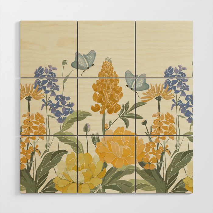Wildflowers and Butterflies, Floral Prints, Yellow and Blue Wood Wall Art Gallery Image 1