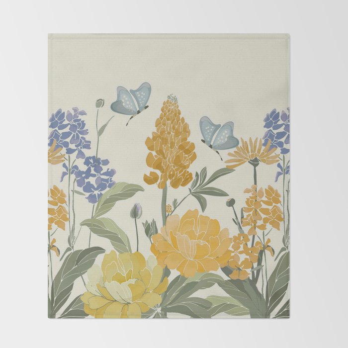 Wildflowers and Butterflies, Floral Prints, Yellow and Blue Throw Blanket Gallery Image 2