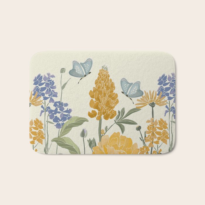 Wildflowers and Butterflies, Floral Prints, Yellow and Blue Bath Mat Gallery Image 1